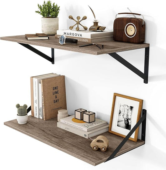 Heimlove Deep Floating Shelves for Wall, 24W x 12D Rustic Grey Wood Wall Shelves Set of 2, Large Floating Shelf for Living Room, Kitchen, Office, Bedroom and Decor Storage, with Metal Bracket - Grey