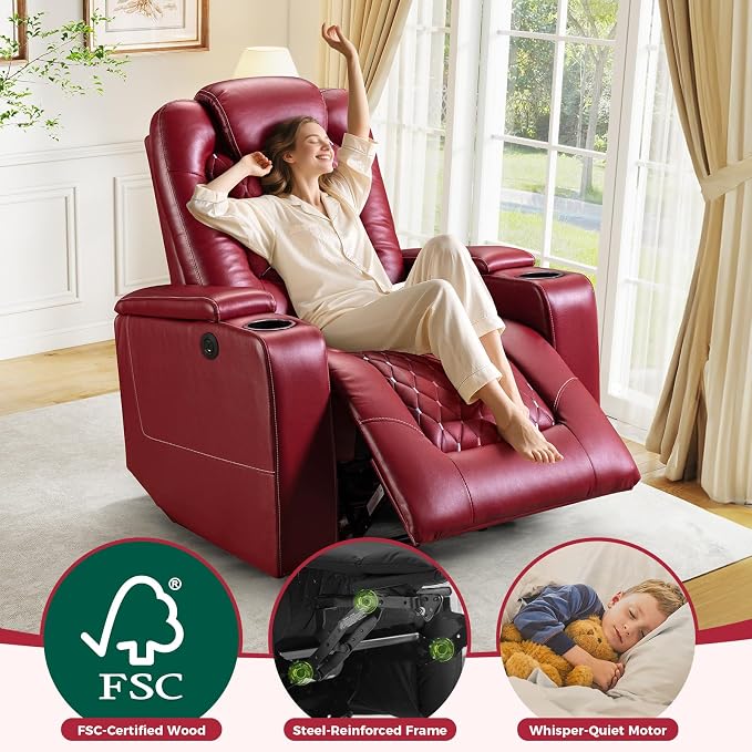 ANJ Power Recliner Chair Set of 4, Electric Soft Faux Leather Reclining Home Theater Seating - USB Ports, Cup Holders, Hidden Arm Storage Movie & Media Room Chairs (Red)
