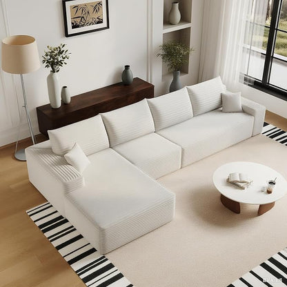 135" Corduroy Couch Sectional with Chaise, L Shape Boneless Cloud Couches for Living Room Bedroom, Modular Corner Couch, Fluffy Deep Seat Compression Sofa, Left Facing Chaise, No Assembly, White