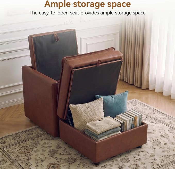 30" Brown Faux Leather Storage Sofa Chair, Single Accent Chair with Ottoman | Modern Upholstered Deep Seat Sofa Chair, Comfort for Reading, Lounging, and Small spaces, Armchair for Living Room, Bedroom