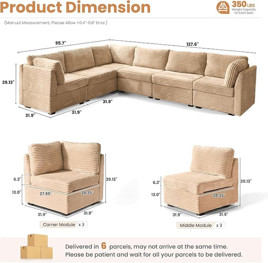 ovios Modular Sectional Sofa Couch with V-Shape Chaise Convertible, Comfy Plush Corduroy Cloud Couches, Modern Luxury Deep Seat Sofas Set for Living Room, 6-Seater, Beige