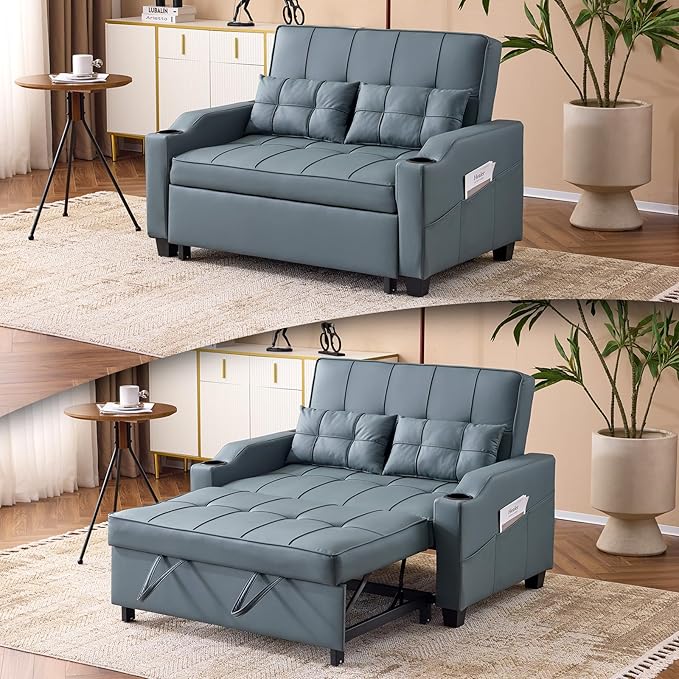 VINGLI Convertible Loveseat Sleeper Sofa, Blue Grey Faux Leather Futon Sofa Bed Pullout Couch Bed with USB Ports, Cup Holders, Armrest for Living Room, Bedroom, Home Office Apartment