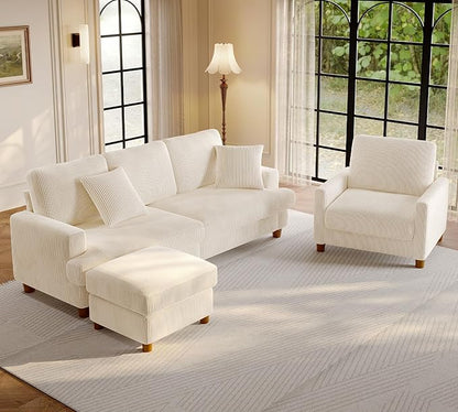 Welzona 87.2" Couches for Living Room, Comfy Sofa Set Tool-Free Setup, Corduroy Couch Set 7.5" Thicker Cushion, Accent Chair with Ottoman 848lbs Support, Sofas for Living Room Home Office, Beige