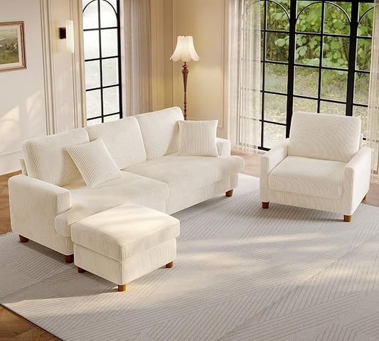 Welzona 87.2" Couches for Living Room, Comfy Sofa Set Tool-Free Setup, Corduroy Couch Set 7.5" Thicker Cushion, Accent Chair with Ottoman 848lbs Support, Sofas for Living Room Home Office, Beige