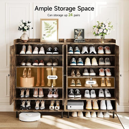 ComfyCorner Brown 7+1 Tier Farmhouse Shoe Storage Cabinet - 45" Tall Entryway Organizer with Cross Molding Doors, 3 Adjustable Shelves & Metal Legs, Shoe Rack for Front Door Entrance