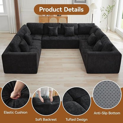 140''Modular Sectional Couches for Living Room, Cloud Boneless Compressed Sectional Sofa, Oversized U Shaped 8 Seater Upholstered Memory Foam Sofa, No Assembly, Chenille Black