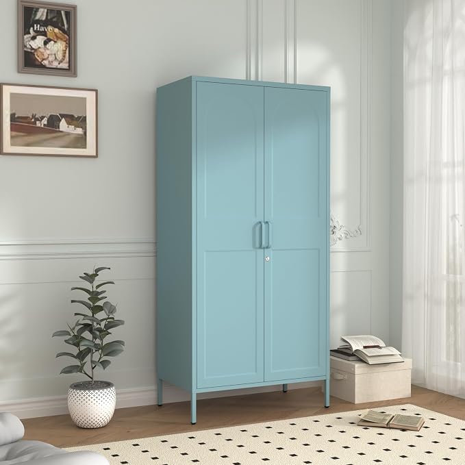 Lockable Vintage Blue Tall Metal Wardrobe, Freestanding Cold Rolled Steel Storage Cabinet with Arched Embossed Doors & Raised Feet for Home Office Size：67" H x 31.5" W x 18.1" D