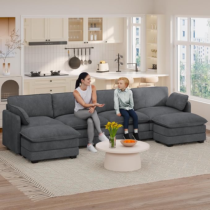 Gizoon 4 Seater Modular Sectional Cloud Sofa with 2 Movable Ottomans U Shaped Corduroy Deep Seat Sofa Couches with Double Layer Upholstered Seat Cushion, Pet-Friendly Fabric, Gray