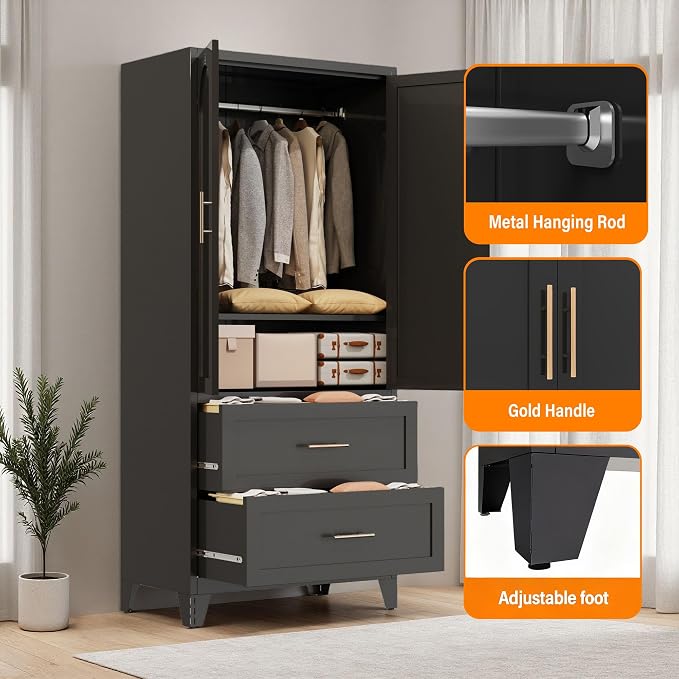 Anwick Metal Wardrobe Closet, 71" Tall Black Metal Wardrobe Cabinet with Hanging Rod, 2 Drawers, 2 Doors and Adjustable Shelf for Bedroom Guest Room Laundry Room (Black, 71" Tall)