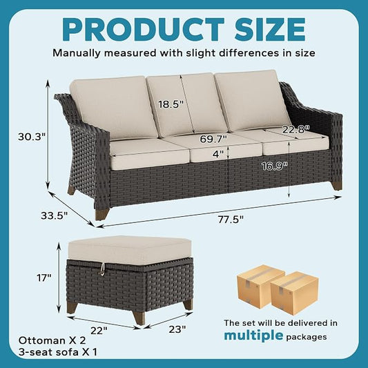 3 Pieces Outdoor Conversation Furniture Set - 77" Patio Sofa, 2 Rattan Wicker Ottomans, Patio Wicker Couch Set with Water-Resistant and Washable Cushions for Sunroom, Deck, Porch (Beige)