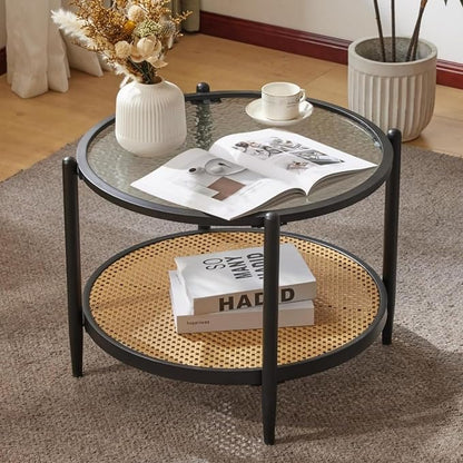 VINGLI 25.6" Black Rattan Modern Coffee Table with 2-Tier Storage, Round Water-Wave Glass Metal Center Table for Living Room and Small Space