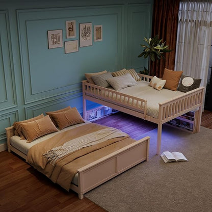 Merax Full Over Queen Bunk Bed,Wood bunk Bed with LED,Bed with Integrated Shelving, Color-Changing Lights and Pegboard, Full XL Over Queen, Beige