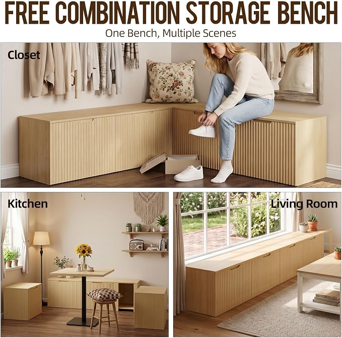 ZZW L Shaped Storage Bench, Modular Corner Dining Bench Seating, 63" Breakfast Nook Bench w/Hidden Storage, Safety Soft-Close Hinges, Dining Room, Kitchen, Living Room, Entryway Color Oak