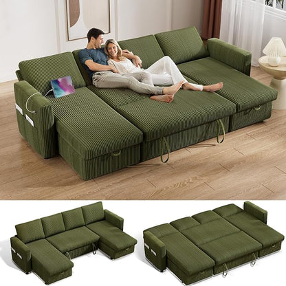 Vipbear 104" Sectional Sleeper Sofa Bed with Pull Out Bed, U Shaped Couch Pull Out Couch with Reclining Backrest, Reversible Storage Chaise, USB Ports, Tool-Free Assembly, Corduroy Green