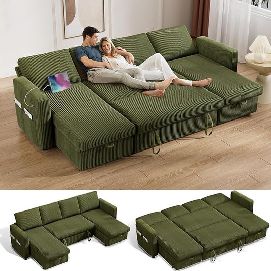 Vipbear 104" Sectional Sleeper Sofa Bed with Pull Out Bed, U Shaped Couch Pull Out Couch with Reclining Backrest, Reversible Storage Chaise, USB Ports, Tool-Free Assembly, Corduroy Green