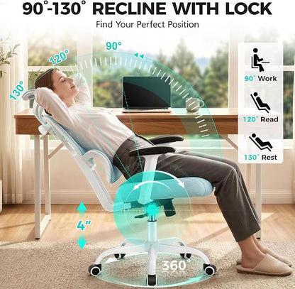 Ergonomic Office Chair High Back Desk Chair with Lumbar Support, Breathable Mesh Computer Chair with Adjustable Armrests Height, Reclining Swivel Big and Tall Gaming Chair for Home Office(Light Blue)