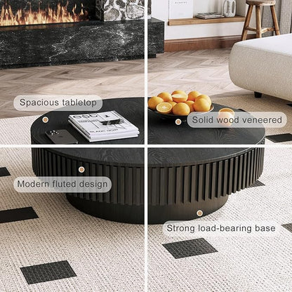 39'' Round Coffee Table with Storage, Modern Wooden Coffee Table with Solid Wood Veneered, Circle Center Table Accent Tea Table for Living Room Apartment Black