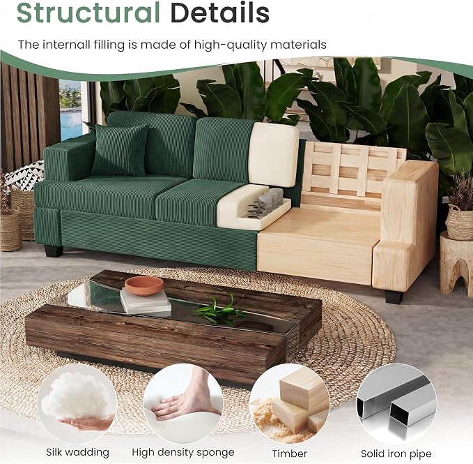 YOUDENOVA Sofa, 63” Comfy Loveseat Sofa with Deep Seats, Couch for Living Room, Modern Sleeper Couch, Green Corduroy