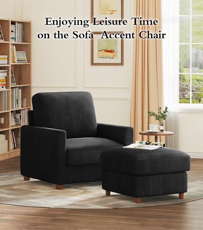 Kidirect 35.5in Corduroy Couch Accent Chair, Tool-Free Setup Living Room Sofa Accent Chairs, Reading Chair for Bedroom 22.5in Extra Deep Seats, Comfy Arm Chairs for Office, All-Wood Reading Nook Black