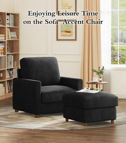 Kidirect 35.5in Corduroy Couch Accent Chair, Tool-Free Setup Living Room Sofa Accent Chairs, Reading Chair for Bedroom 22.5in Extra Deep Seats, Comfy Arm Chairs for Office, All-Wood Reading Nook Black