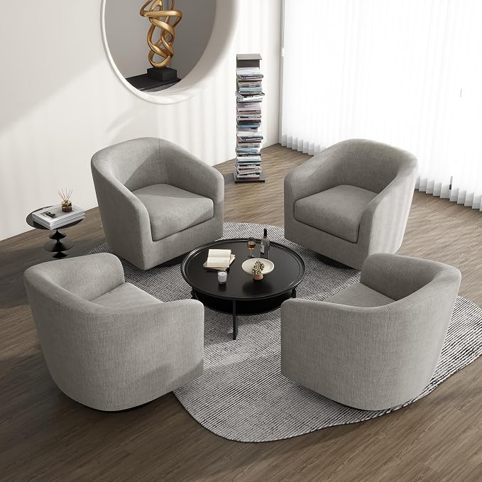 360° Swivel Barrel Accent Chair Armchair, Round Club Arm Chair in Fabric for Lving Room, Modern Upholstered Small Bedroom Single Sofa Seat - Khaki, Set of 4