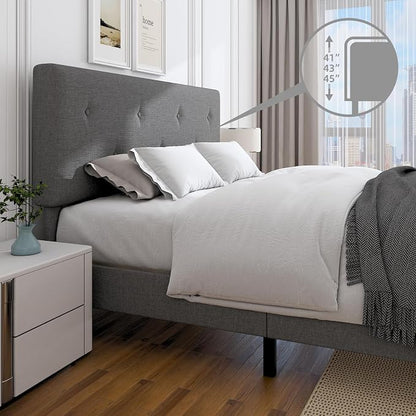 Queen Size Linen Bed Frame, Upholstered Platform Bed Frame with Adjustable Headboard, Wooden Slats Support, No Box Spring Needed, Easy Assembly, Grey