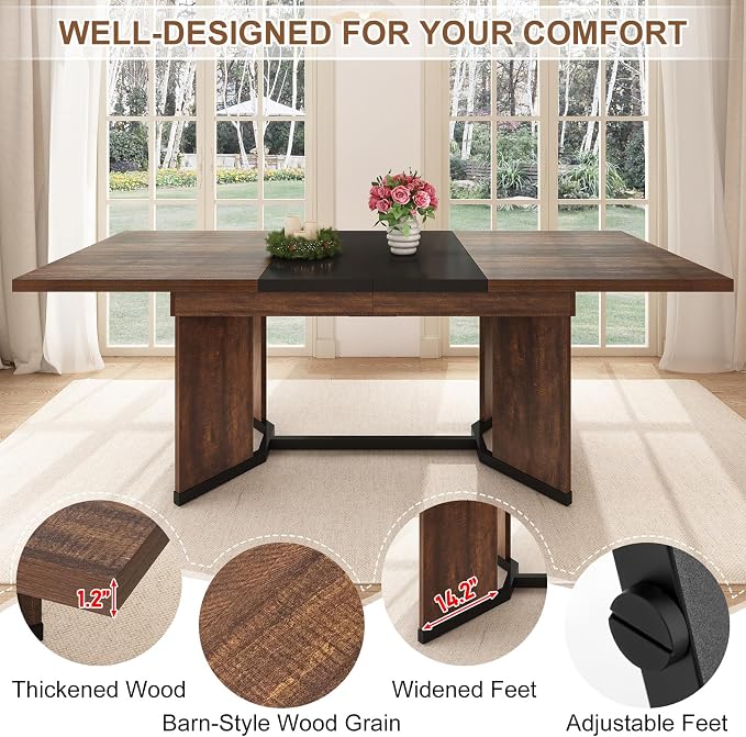 86 in Extendable Dining Table for 6 8 10 People,59"-86" Farmhouse Rectangle Extending Dining Table w/Removable Leaves Space Saving,Wooden Adjustable Tables for Kitchen Office Living Room (Brown&Black)