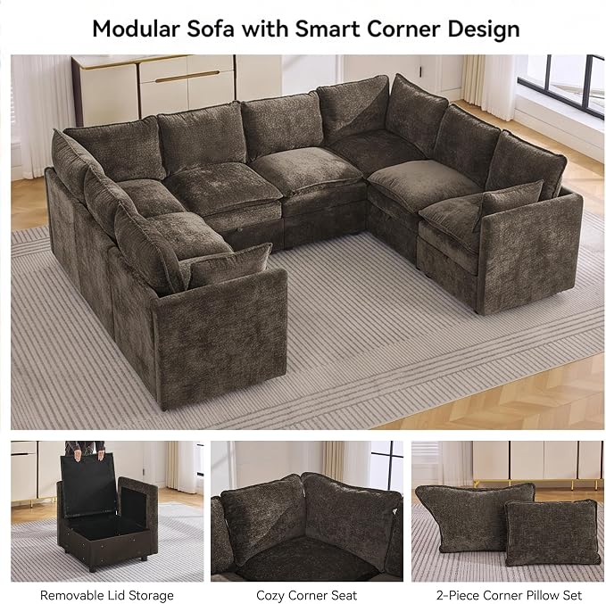 105" Brown Oversized Modular Storage Sofa, U Shaped Chenille Cloud Couch | Oversized Convertible Sectional Sofa, 8-Seat Sectional Couch With Armrests, Large Cloud Couch For Living Room, Apartment.
