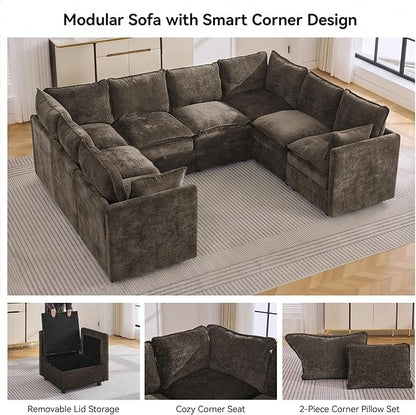 105" Brown Oversized Modular Storage Sofa, U Shaped Chenille Cloud Couch | Oversized Convertible Sectional Sofa, 8-Seat Sectional Couch With Armrests, Large Cloud Couch For Living Room, Apartment.