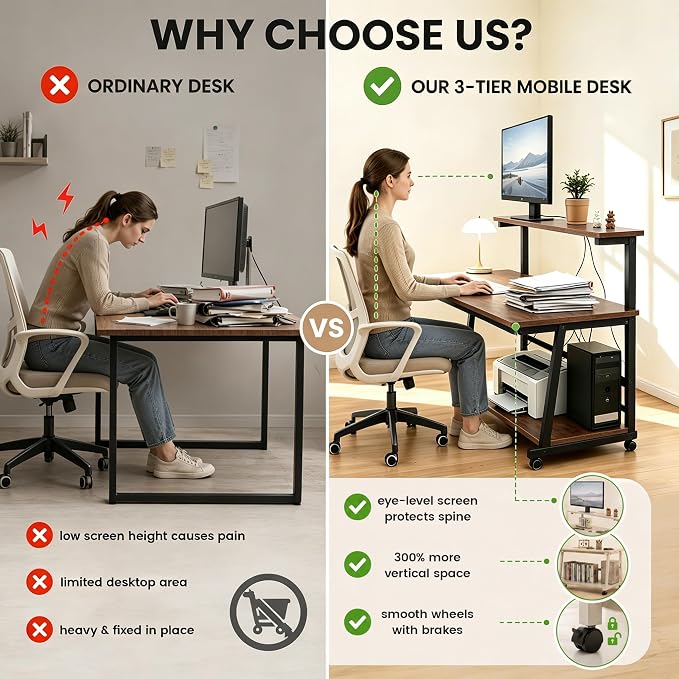47.2 Inch Compact Rolling Computer Desk with Tier Worktable & Lockable Wheels, Small Computer Desk, Small Desk for Bedroom, Mobile Writing Workstation Easy Assembly for Home Office Small Spaces