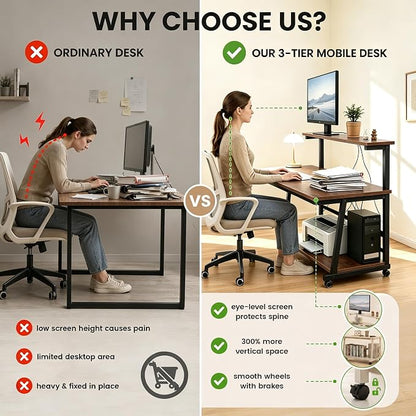 31.5 Inch Compact Rolling Computer Desk with Tier Worktable & Lockable Wheels, Small Computer Desk, Small Desk for Bedroom, Mobile Writing Workstation Easy Assembly for Home Office Small Spaces