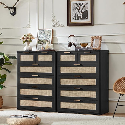 LEYAOYAO Rattan Dresser for Bedroom, 42" Tall Chest of Drawers, Modern 6 Drawers Boho Dressers with Storage, Light Oak Dresser Wooden Closet Organizer for Living Room, Hallway, Black