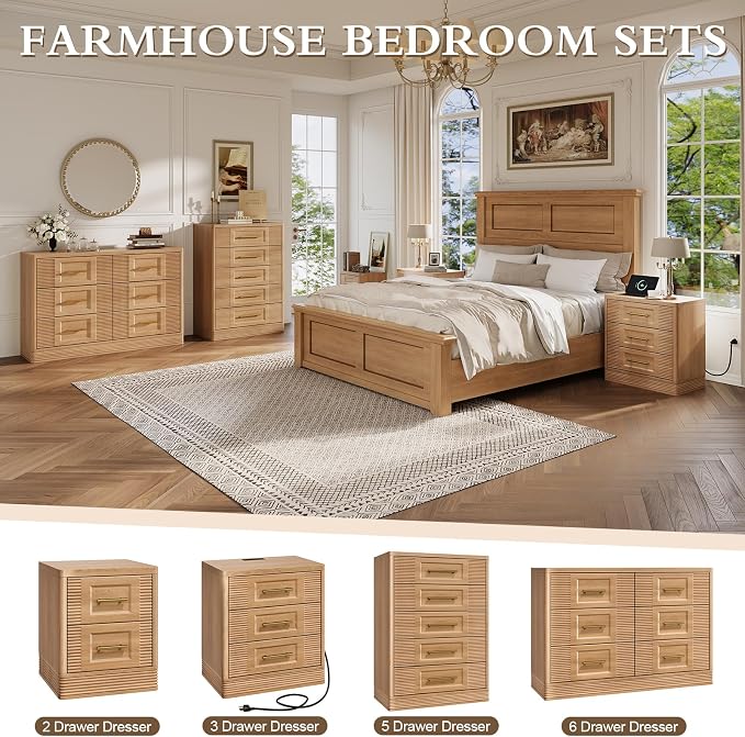 RECHHX Farmhouse 6 Drawers Dresser for Bedroom, 47.2" Wide Large Modern Chest of Drawers, Wooden Thermoformed Curved Dresser Organizer for Bedroom, Living Room, Natural Oak