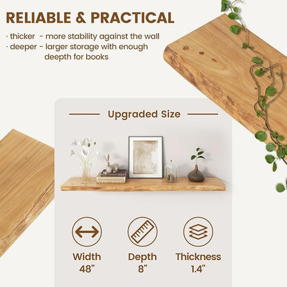 Live Edge Floating Shelves for Wall Decor, Solid Elm Wood Floating Shelves Wall Mounted, Rustic Wall Shelves with Invisible Bracket for Living Room Bathroom Bedroom Kitchen, 48 Inch, Natural