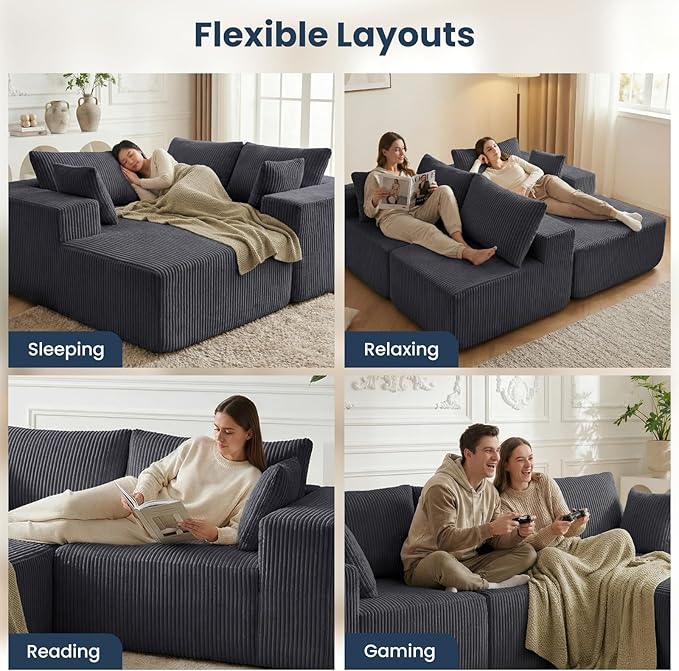 DUMOS 105" L-Shaped Sectional Boneless Couch for Living Room, Upholstered Corduroy Sofa with Deep Seat for Small Apartment, Bedroom, No Assembly in a Box, Left Facing Chaise, Grey