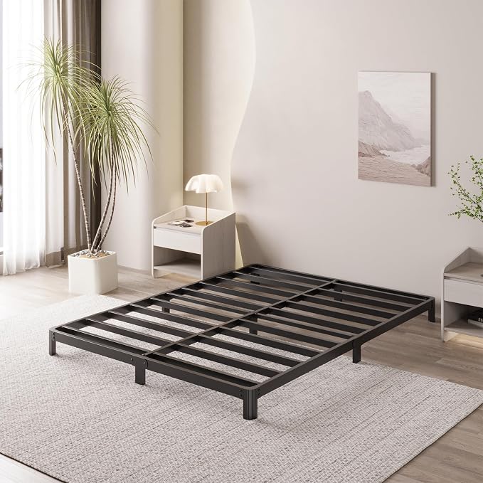 Yicensen 4 Inch Low Bed Frame Queen Rounded Corner No Box Spring Needed, Heavy Duty Metal Queen Size Platform Bed Frame, Easy Assembly, Noise Free, Black