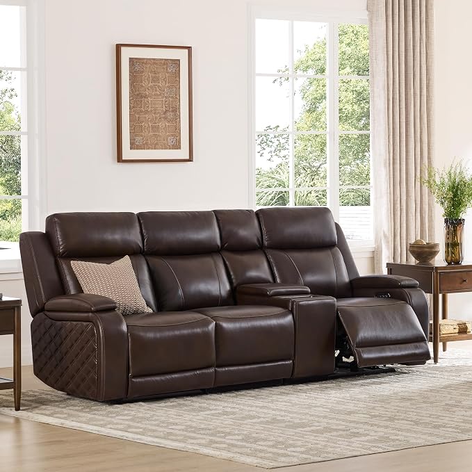 Watson & Whitely Genuine Leather Power Recliner Sofa with Console, 3 Seater Zero Gravity Reclining Sofa with Power Headrest & Flip Middle Backrest Table, Cup Holders for Living Room, Dark Brown