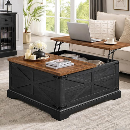 JXQTLINGMU Farmhouse Lift-Top Coffee Table with Large Storage, 36" Square Wood Living Room Table with Hidden Compartment and Raised Dining Surface, Black and Brown