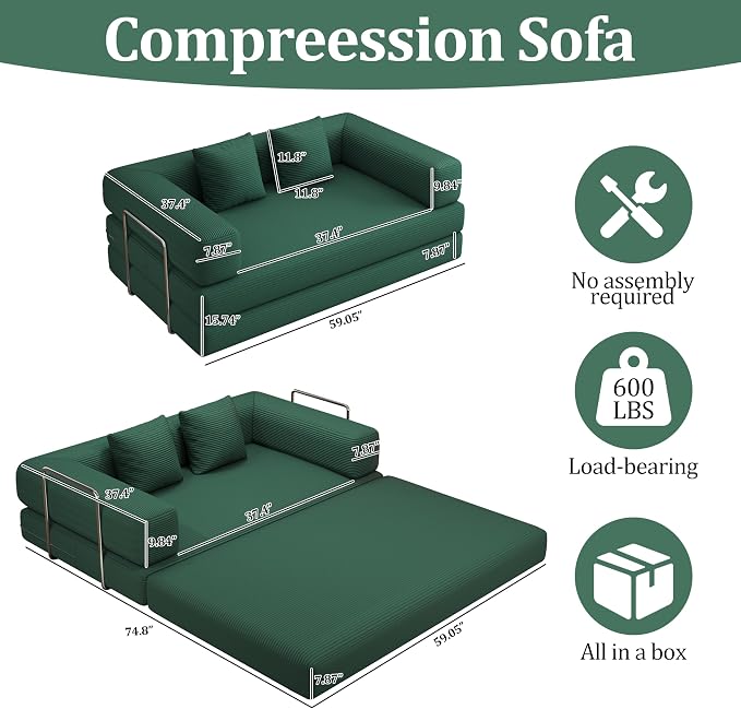 59.0 Inch Convertible Sofa Bed, 4-in-1Futon Sofas Bed Pull Out Sleeper Couch, Modern Deep Seat Sofa for Living Room, Corduroy Boneless Couches for Bedroom, Apartment, No Assembly (Green, 59” 2 Seat)