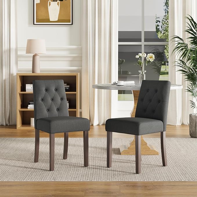 Upholstered Dining Chairs Set of 2 - Modern Parsons Kitchen & Dining Room Chair with Diamond Tufted Back, Solid Wooden Legs for Apartment, Café, Vanity