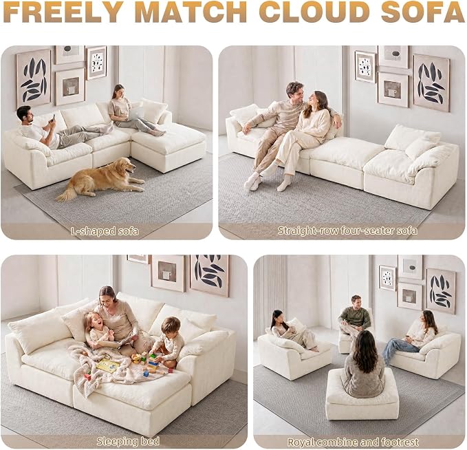 110" Boneless Cloud Couch Sectional for Living Room, Oversized Modular L Shaped Sofa with Ottoman, Deep Seat Chenille Sectional Couch for Cloud-Like Comfort (Beige)