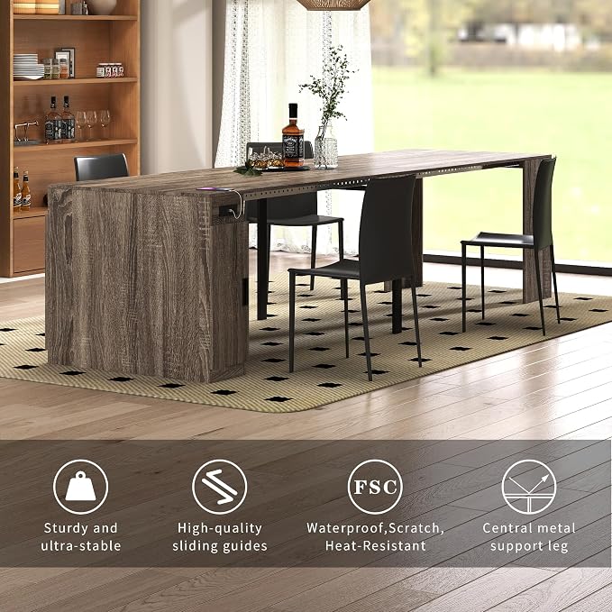 Extendable Dining Table with Built-in Power Outlet, 118” Expandable Dining Table for 11, Storage Cabinet Console Table, Modern Dining Room Furniture Gray