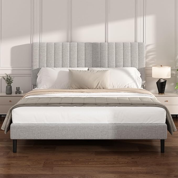 Full Size Platform Bed Frame with Vertical Channel Tufted Headboard, No Box Spring Needed, Noise-Free, Easy Assembly, Light Grey Linen