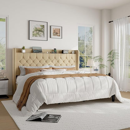 SHA CERLIN King Size Platform Bed Frame with Charging Station, Linen Wingback Headboard with Storage Shelf, Wooden Slats Support, Ample Under-Bed Space, No Box Spring Needed, Easy Assembly, Beige