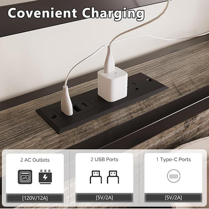 VINGLI LED Queen Bed Frame with 4 Storage Drawers and Adjustable Headboard Shelf, Metal Platform Panel Bed with Charging Station for Kids Teens, Adults, No Box Spring Needed, Wash Gray