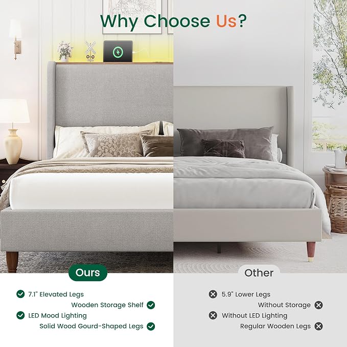 LARMACE Queen Size Bed Frame with LED Lights and Charging Station Linen Upholstered Platform Bed Frame with 51.2" Tall Wingback Headboard and Storage Shelf, No Box Spring Needed, Easy Assembly, Grey