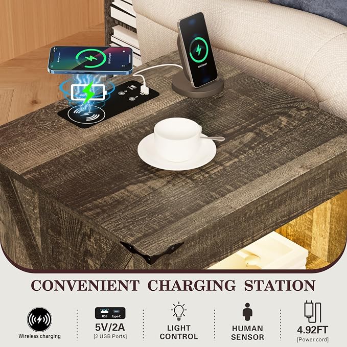 TAGELIER Farmhouse Nightstand with Gun Drawer, Bedside Table with Charging Station, Gun Night Stand with LED Light & Human Sensor, Smart End Table for Bedroom, Rustic Brown