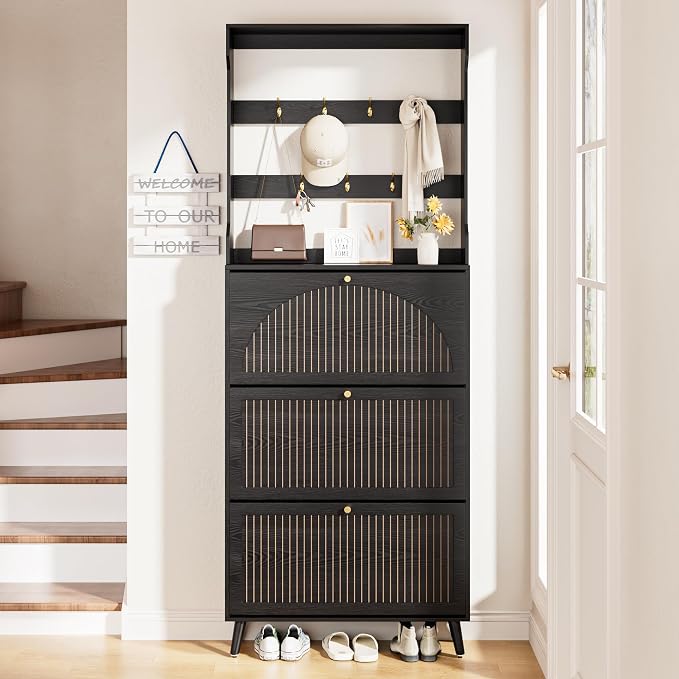 Fsbecl Shoe Cabinet for Entryway with 3 Flip Drawers & Coat Rack, Narrow Hidden Shoe Storage Cabinet with Fluted Panel, 2-in-1 Hall Tree Slim Freestanding Shoe Rack Organizer for Hallway, Black