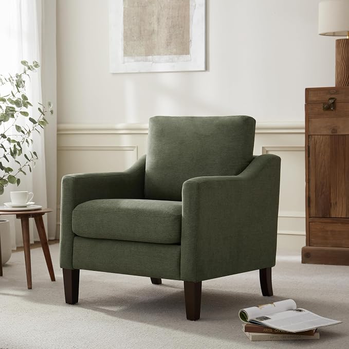 VKNOW Mid Century Modern Accent Chair, Upholstered Living Room Chairs Armchair for Bedroom, Comfy Reading Accent Chairs with Wood Legs for Living Room (2, Green)