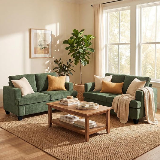 YOUDENOVA 2 Piece Set Comfy Sofa Couch, Loveseat Sofa * 2 with Deep Seats, Modern Sleeper Couch for Living Room, Green Chenille